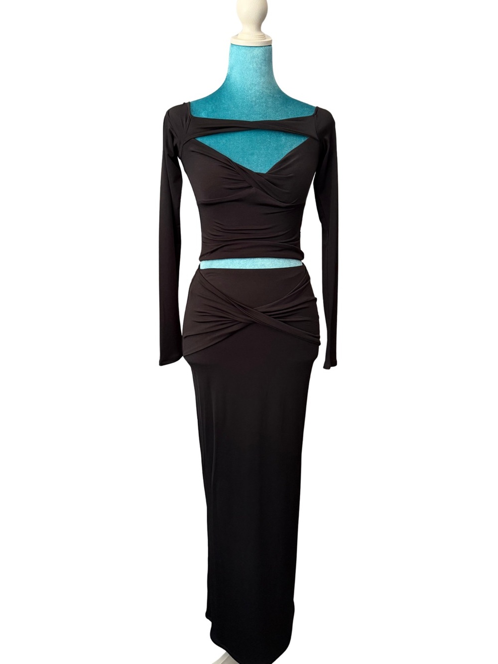 Meshki Black Cutout Top and Long Ruched Maxi Skirt Set